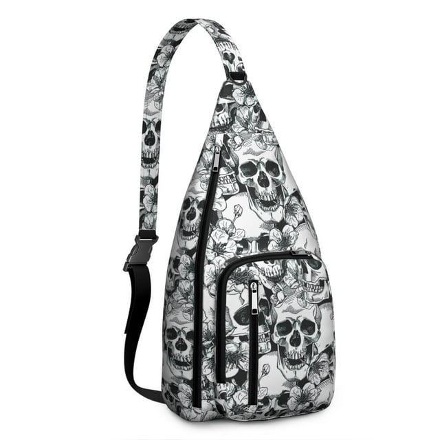Horror Skeleton Sling Backpack - Gothic Skull with Snake & Moon Print Crossbody Bag, Multi-Pocket Anti-Theft Design
