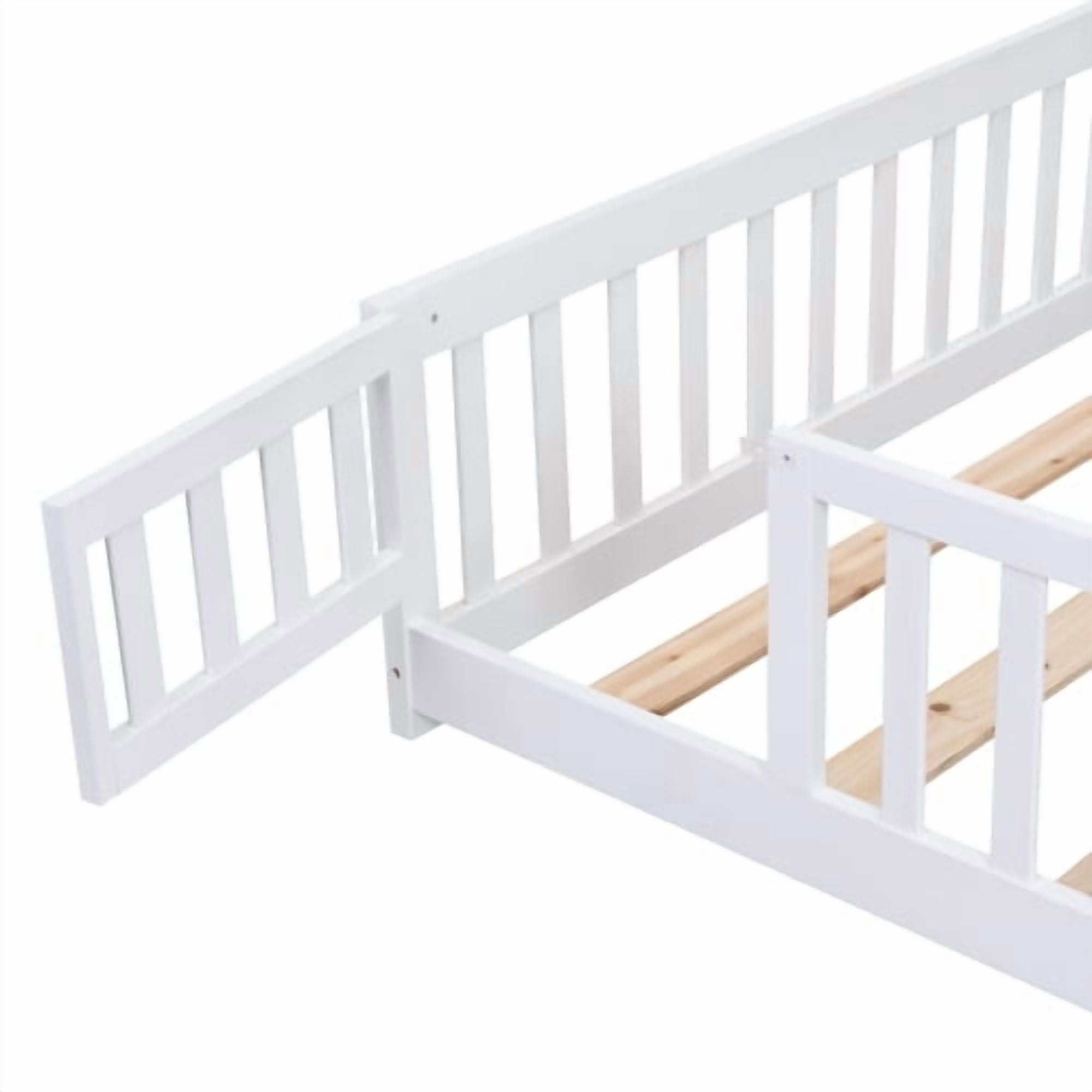 full Size Floor Bed with Door,Solid Wood Platform Bed Frame with Fence,Suitable for children,Pine Wood,White