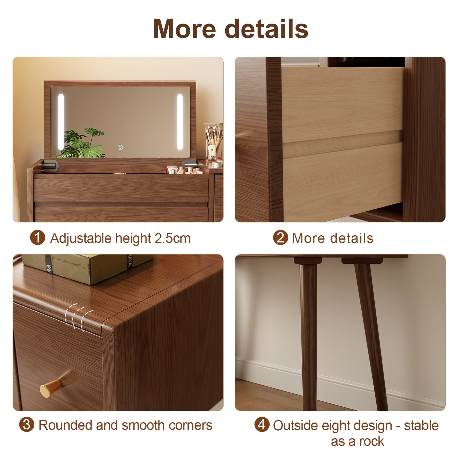 Muwuele Makeup Vanity Table with Mirror and 3 Lighting Modes, 32 Inch Large Dressing Table Set with 3 Drawers, Solid Wood Vanity Desk for Bedroom (Walnut)