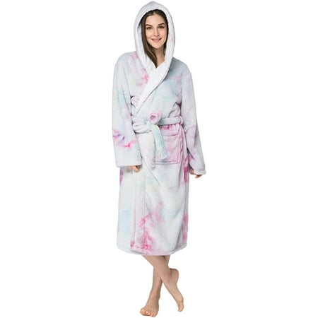 

QWZNDZG Women’s Robe Tie Dye Warm Fleece Bathrobe Soft Long Robe with Hood