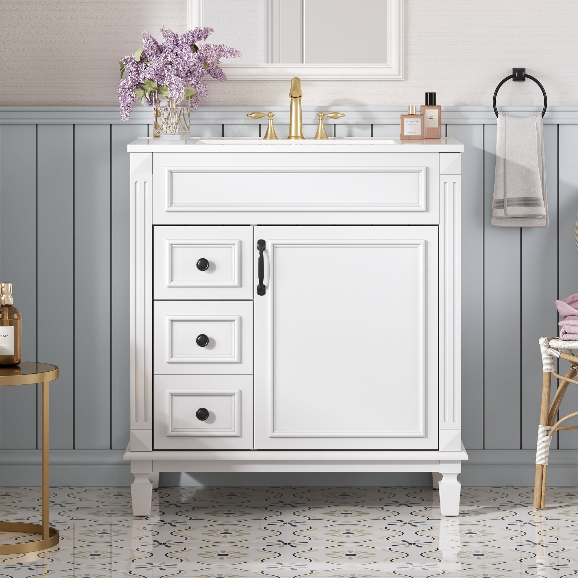 Euroco 30" Bathroom Vanity with Ceramic Sink, Small Bathroom Sink Cabinet, Modern Cabinet with 2 Drawers and Adjustable Shelf
