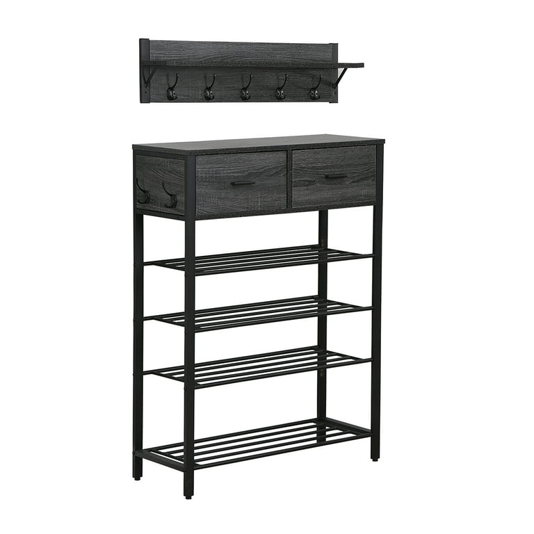 Entryway 4-Tier Shoe Shelf with Two Drawers and Coat Rack, One Set Entryway Show Rack with Storage and Hooks - Black