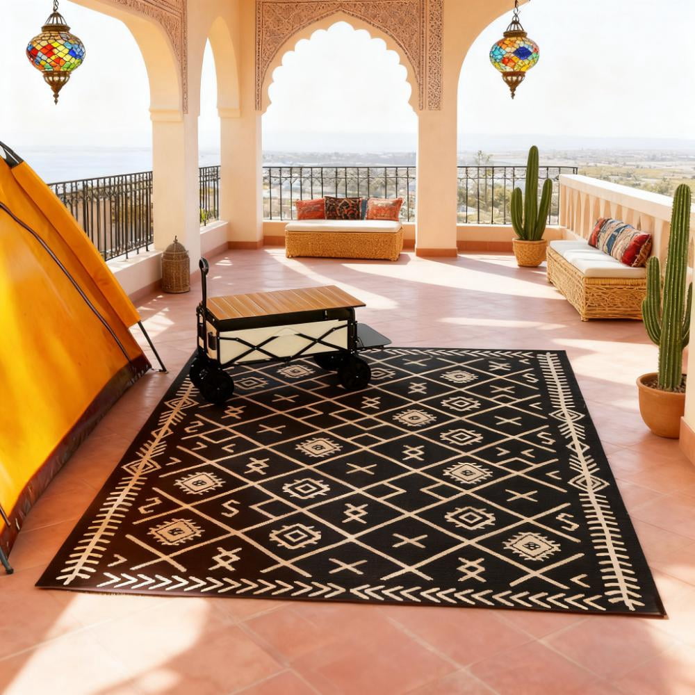 9' x 12' Black and Beige Rhombus Reversible Outdoor Patio Rug, Waterproof Plastic Straw Rug, Foldable Portable RV Camping Mat with Carry Bag