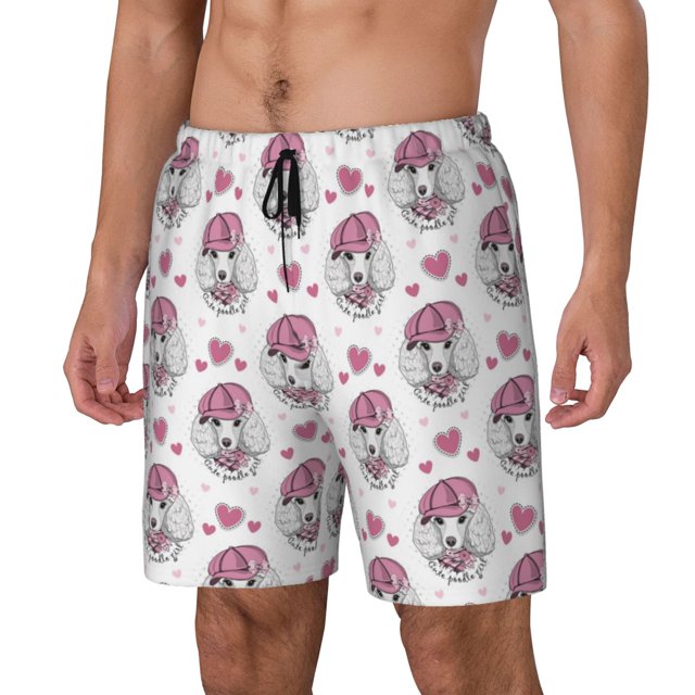 Kdxio Cute Poodle Dog Print Mens Swim Shorts with Mesh Lining, Breathable and Quick-Drying, Adjustable Waist, Privacy Pocket-Large