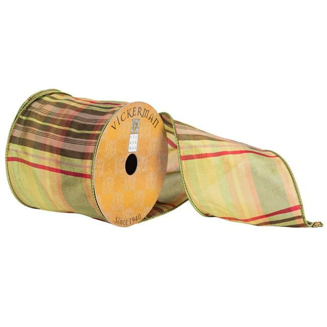 Vickerman Q172739 4 Po x 10 Yard Light & Ruban de Bord de Plaid Rouge Vert Foncé