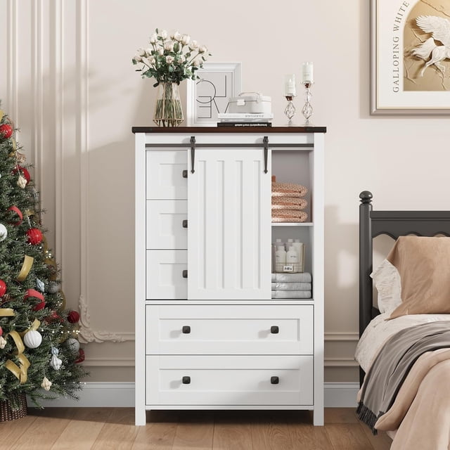 Qinaqin Estilo Granja 5 Cajón Dresser Para Bedroom 48 En Tall Wood Chest De Con Sliding Barn Door Ajustable Estantería Almacenamiento Organizador Hallway Living Room Cocina-Blanco