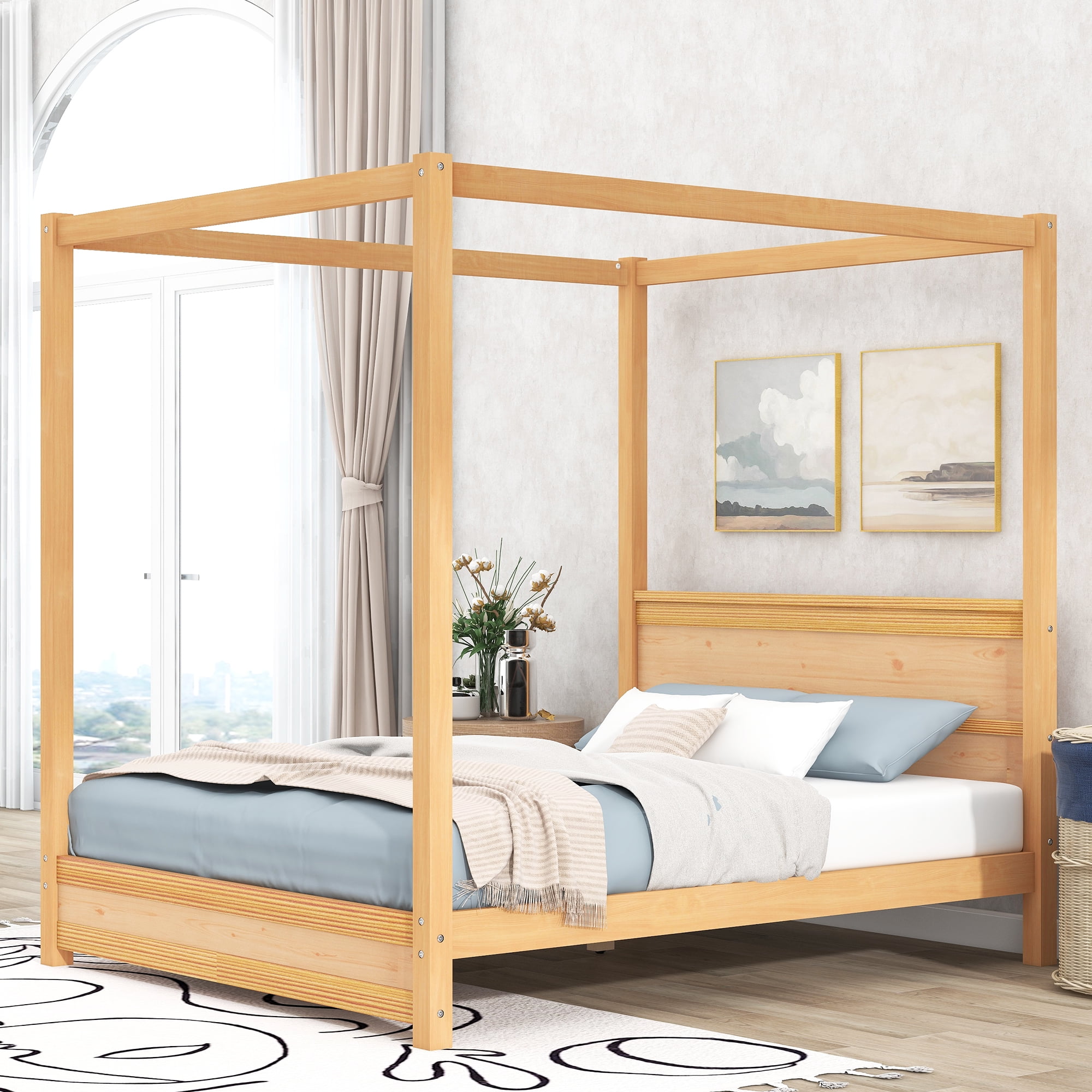 Euroco Wood Queen Size Canopy Platform Bed With Headboard For Bedroom