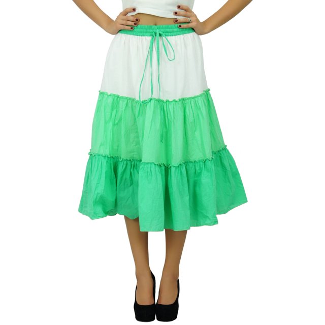 Bimba Flaired Cotton Boho Summer Skirt Elastic Waist Mid-Calf Ruffle Skirts