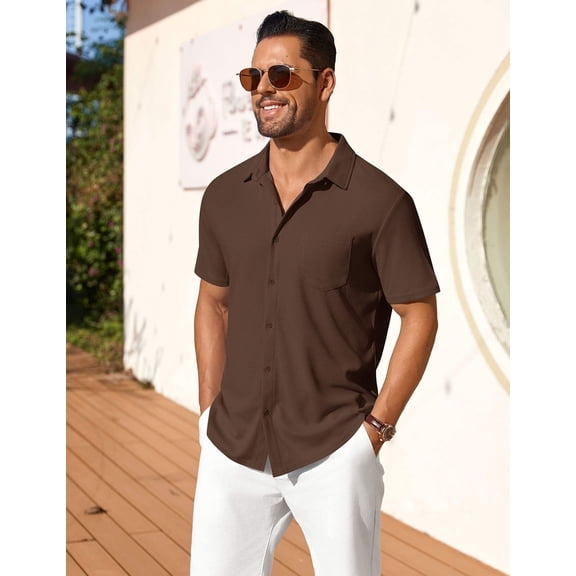 COOFANDY Men's Short Sleeve Knit Shirts Summer Beach Shirt Wedding Untucked No Iron Shirts