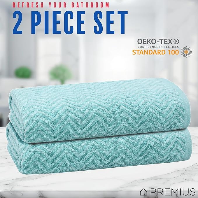 PREMIUS 2 Pack Chevron 100% Cotton Yarn Dyed Bath Towel, Aqua-Cyan, 27x54 Inches