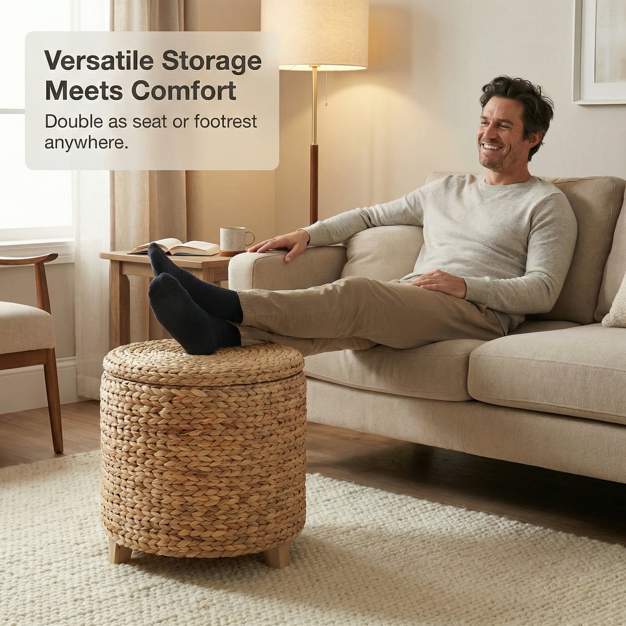 DEILSY Natural Water Hyacinth Round Storage Ottoman with Removable Lid, Fabric Liner & Wooden Feet – Handwoven Footstool Ottoman for Living Room, Bedroom & Entryway