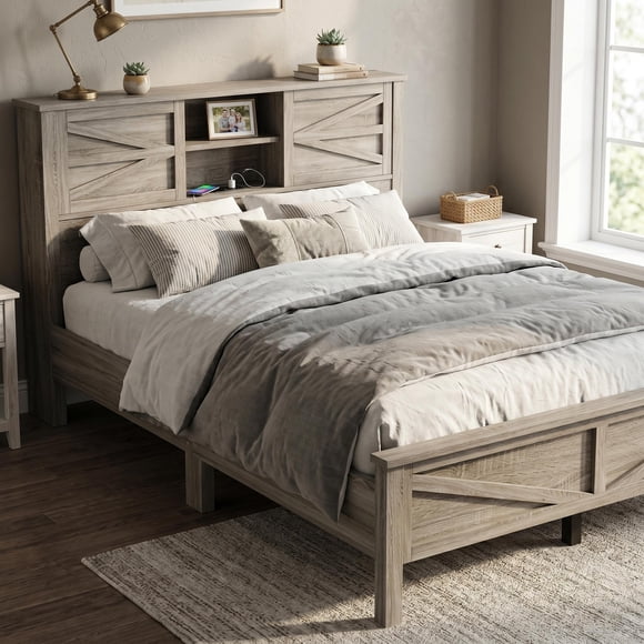 Homy Casa 3-Piece Bedroom Set, Platform Bed with Storage Headboard & USB, Nightstand, Dresser, Vintage Gray, Modern Farmhouse Style