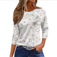 thumbnail image 2 of Women Blouses Dressy Casual 3/4 Sleeve Round Neck Plus Size Floral Print Loose Fit Tunic Tops for Summer White 2XL, 2 of 5
