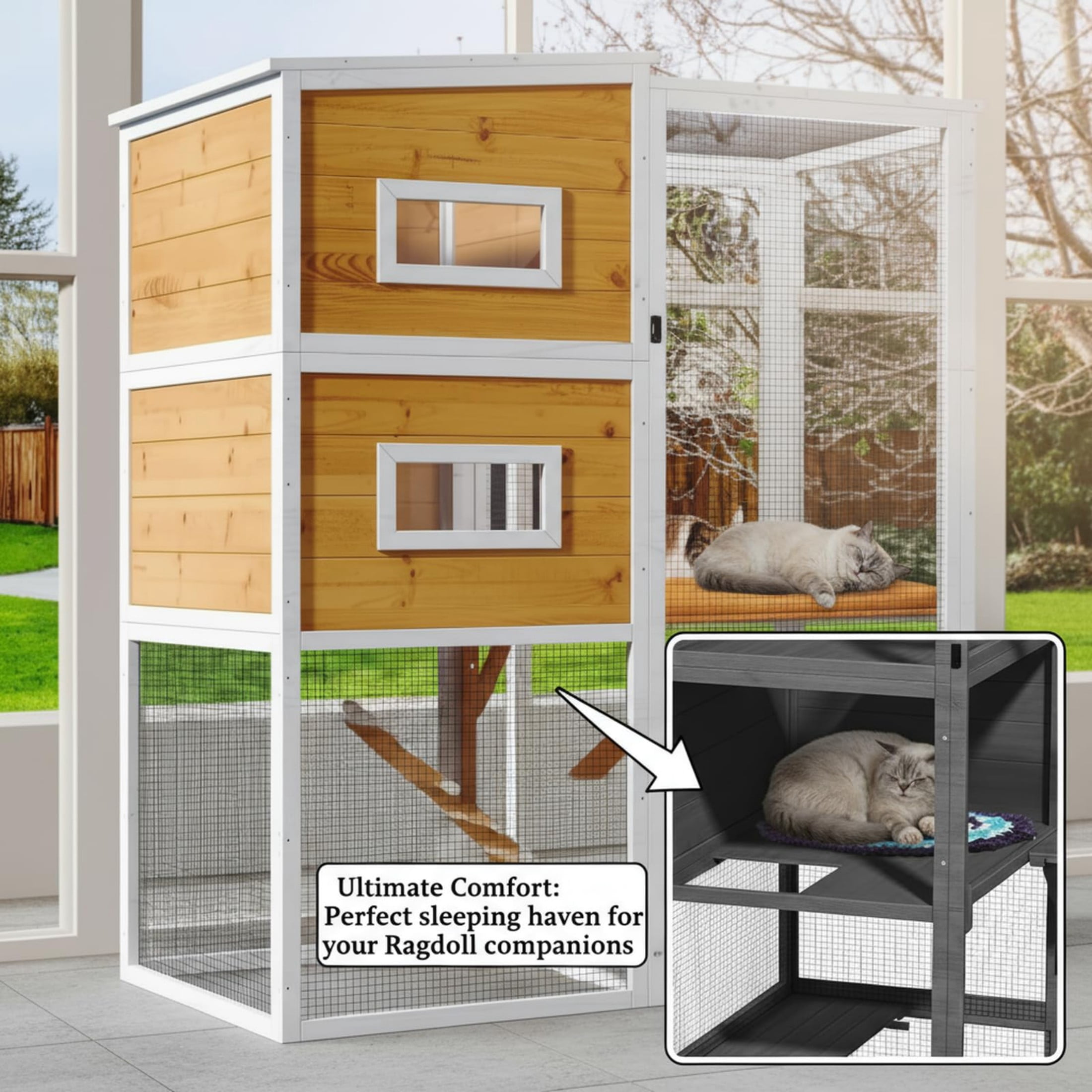 Large Catio Outdoor Cat Enclosure Window, 4 Tier Indoor House for Cats with Waterroof Roof, 3 Resting Rooms, 3 Platforms,Outdoor Catio Patio with Balcony, Connect to Window with 2 Large Door