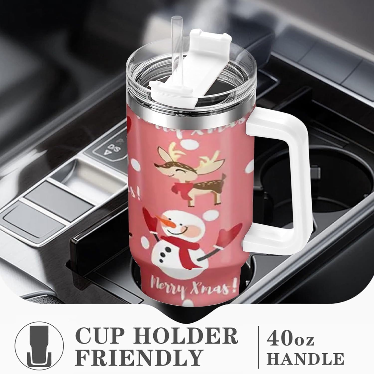 40oz Holiday Santa & Snowman Tumbler - Single Pack, Stainless Steel Insulated with Lid, Handle, Straw, Ideal for Hot and Cold Drinks, Car, Office, Home