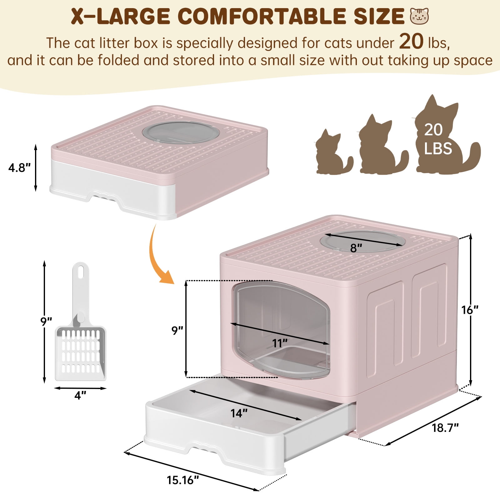Cshidworld Large Foldable Cat Litter Box with Scoop, Front Entry Top Exit Cat Litter Pan with Lid, Enclosed Anti-Splashing Kitty Litter Box, Drawer Type Cat Litter Easy Cleaning and Scoop, Pink