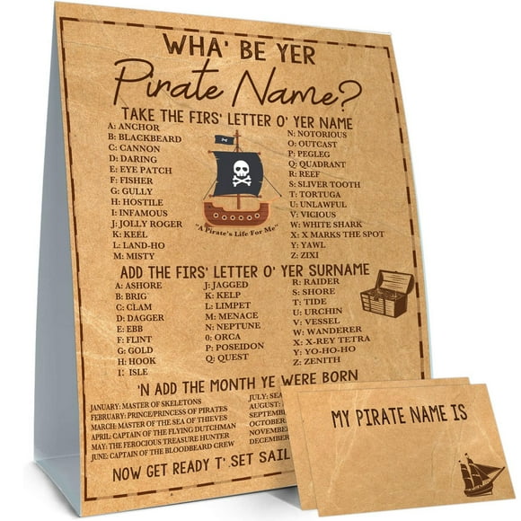 Pirate Name Adventure Kit - 1 Game Sign and 30 Name Stickers for Treasure Hunt Birthday Parties and Camping Activities, Fun for Kids and Adults Alike!