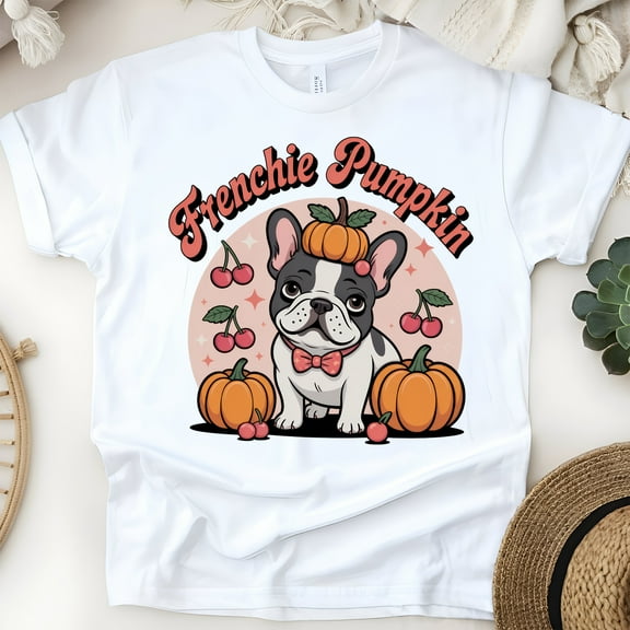 Fall French Bulldog Shirt | Frenchie Pumpkin Graphic Tee | Cozy Dog Mom Outfit, White, Size S