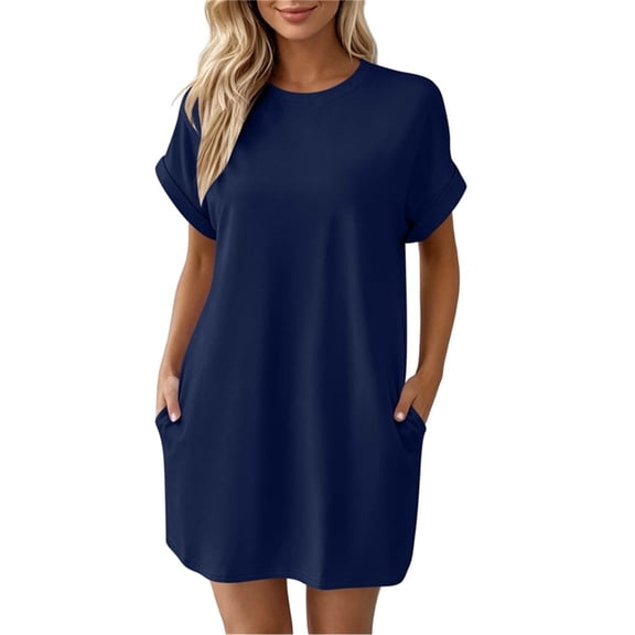 Levmjia Women's Casual Short Sleeve Dress Crew Neck A Line Swing Dress with Pockets Solid Color Loose Fit Summer Beach Sundress