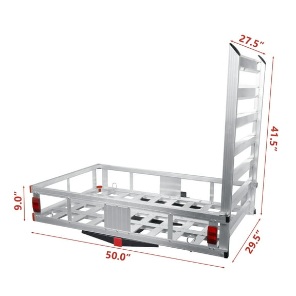 Trailer Hitch Cargo Carrier, Trailer Hanging Basket, Gray Heavy Duty Aluminum Alloy Mounted Trailer with Ramp, Aluminum Luggage Carrier Rack，800 lbs Weight Capacity with Hitch Tightener for RV Truck