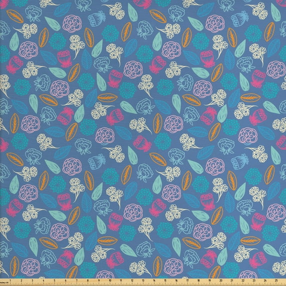 Autumn Sofa Upholstery Fabric by the Yard, Repetitive Flowers Maple Plants Leaves Botanical Elements Illustration, Decorative Fabric for DIY and Home Accents, Blue Grey and Multicolor by Ambesonne