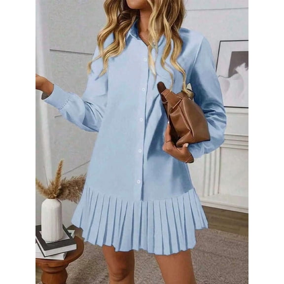 Womens Baby Blue Pleated Mini Shirt Dress, Long Sleeve Front Button