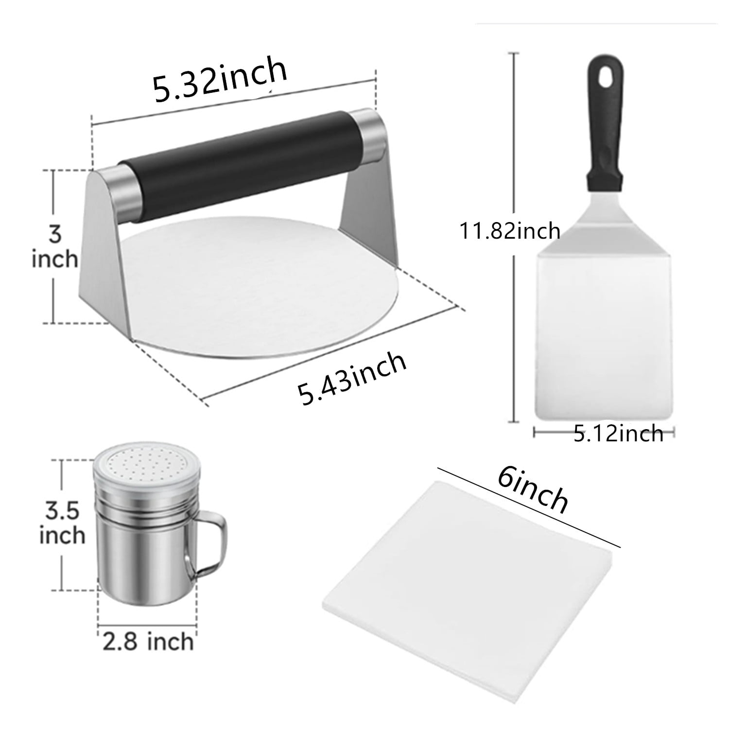 Smashed Burger Press Kit with Stainless Steel Press, Grill Spatula, Seasoning Shaker & Hamburger Patty Papers - Perfect for Blackstone Griddle, BBQs
