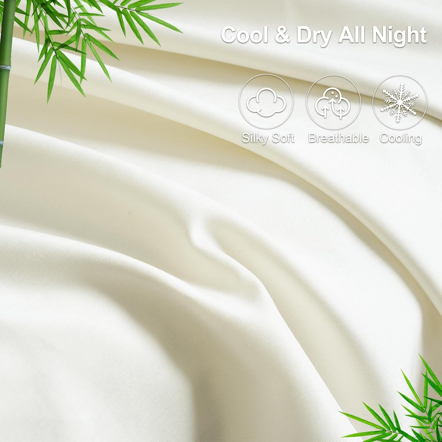 PHF Bamboo Bed Sheet Sets, 4 Pieces King Silky Soft Bedding Sheets, 1800 Thread Count 16 Inch Deep Pockets, Cream