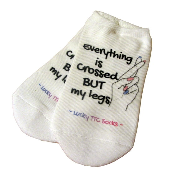 IVF Lucky socks, Everything is crossed but my legs Lucky TTC Socks, Fingers crossed, Womens Medium No Show White
