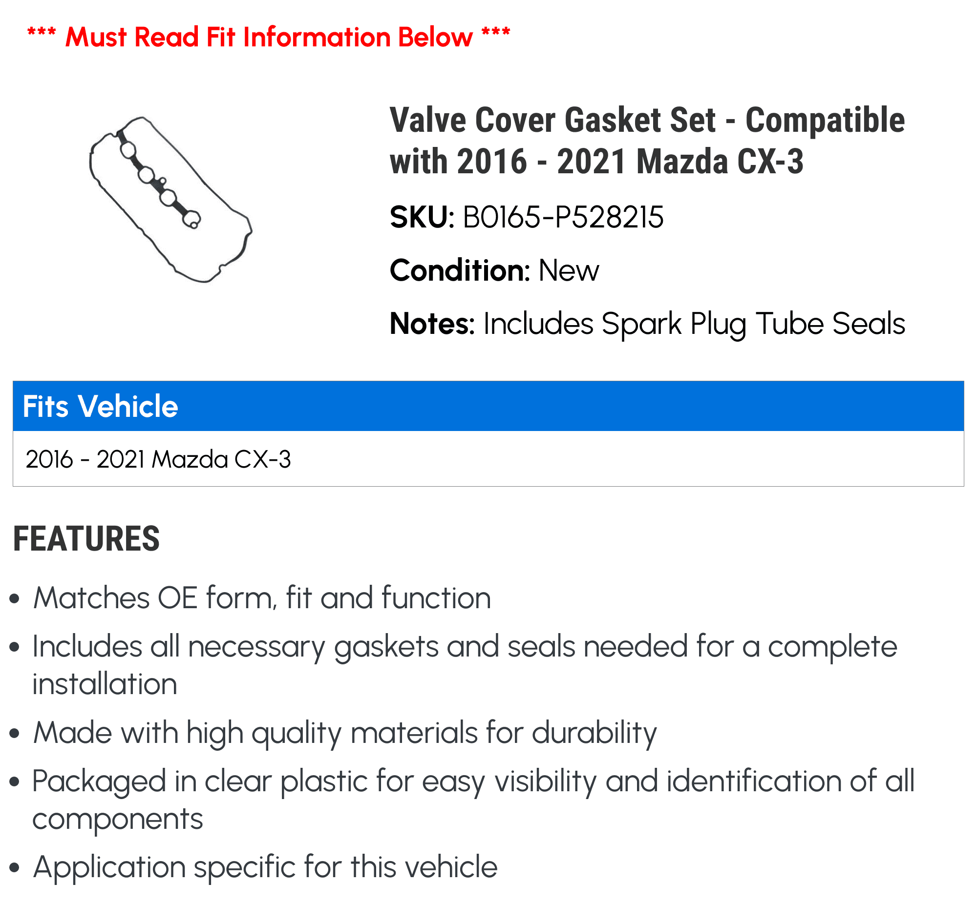 Valve Cover Gasket Set - Compatible with 2016 - 2021 Mazda CX-3 - Beck Arnley