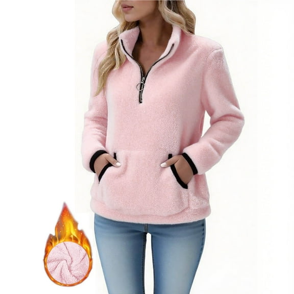 Ladies Winter Long-Sleeved Solid Color Half-Zip Loose Stand-Collar Sweatshirts for Women Hoodless Sweatshirt with Pockets Double-Sided Fleece Soft Cozy Fall Winter Hiking Pullover Women