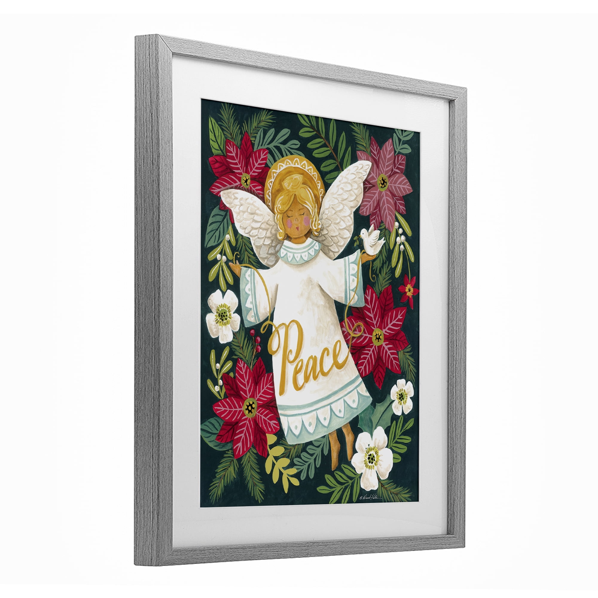 Angel with Peace & Botanicals Gray Framed Print Under Glass, design by Diane Kater