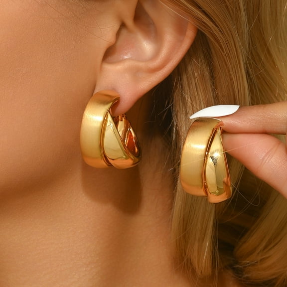 Sunyeur Gold Earrings for Women, Chunky 14K Gold Plated Earrings Ear Cuff Studs Set Dainty Dangle Double Small Thick Gold Hoop Dangling Earrings Trendy Waterproof Jewelry for Women Gift