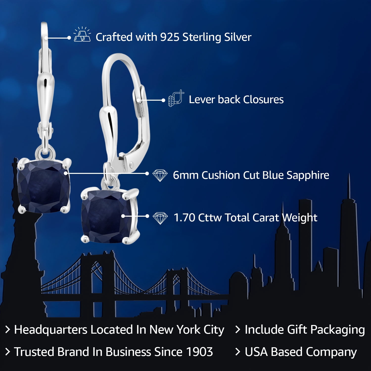 Gem Stone King 925 Sterling Silver Blue Sapphire Dangle Earrings for Women (2.60 Cttw, Gemstone September Birthstone, Cushion 6MM)