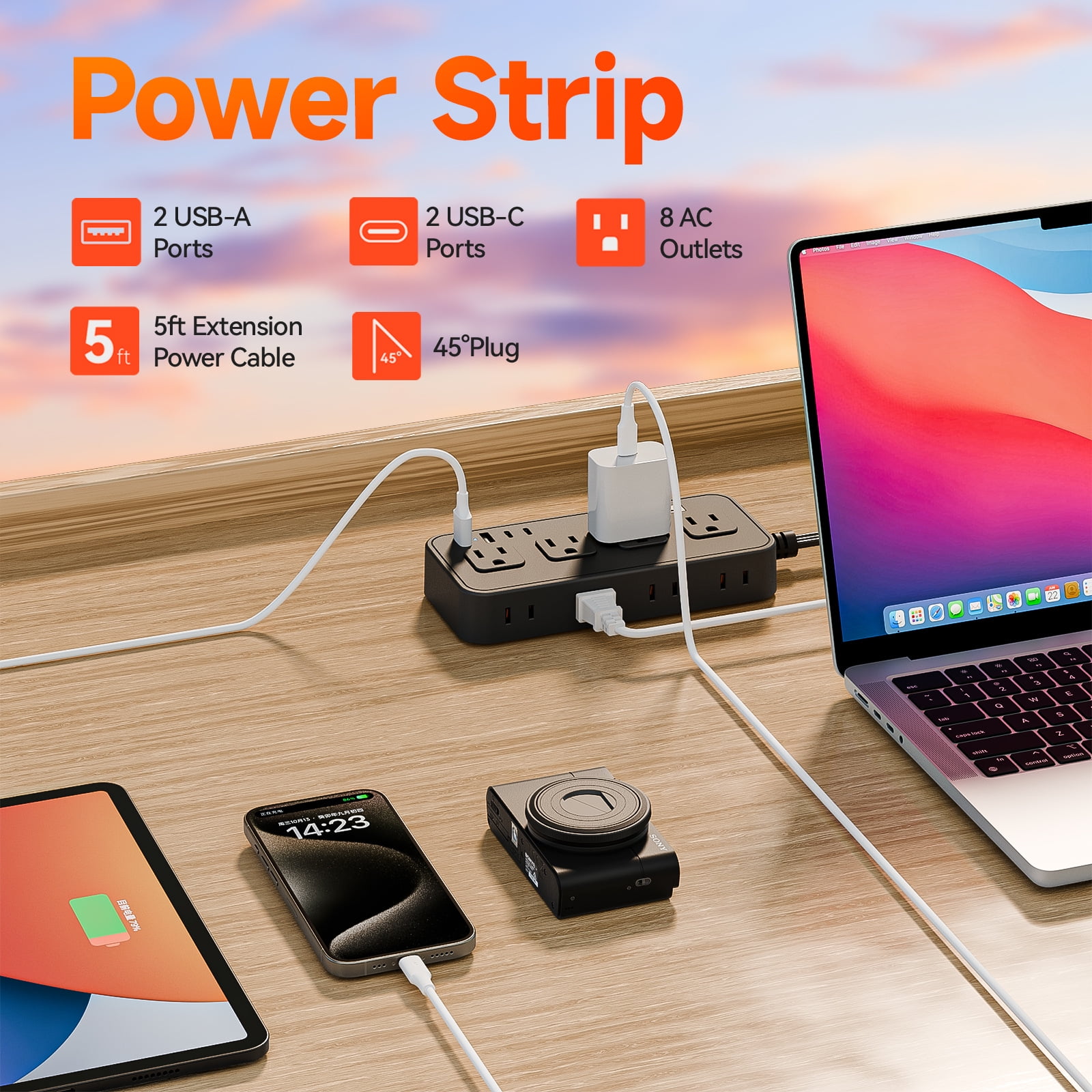 US Power Strip 8 Outlets Surge Protector 12 in 1 Charging Station2 USB C 2 USB Ports,5FT Flat Plug Extension Cord for Home