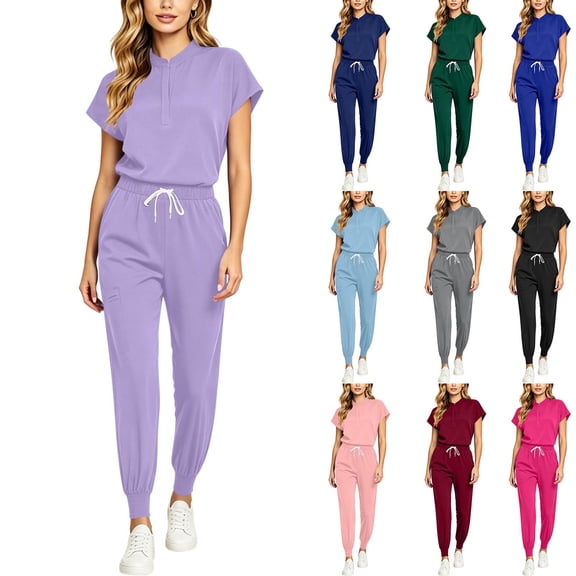 Purcolt Scrub Sets for Women Lightweight Stretchy Stand Neck Tops and Tapered Jogger Pants Comfort Medical Uniforms Sets for Nurse Esthetician Workwear