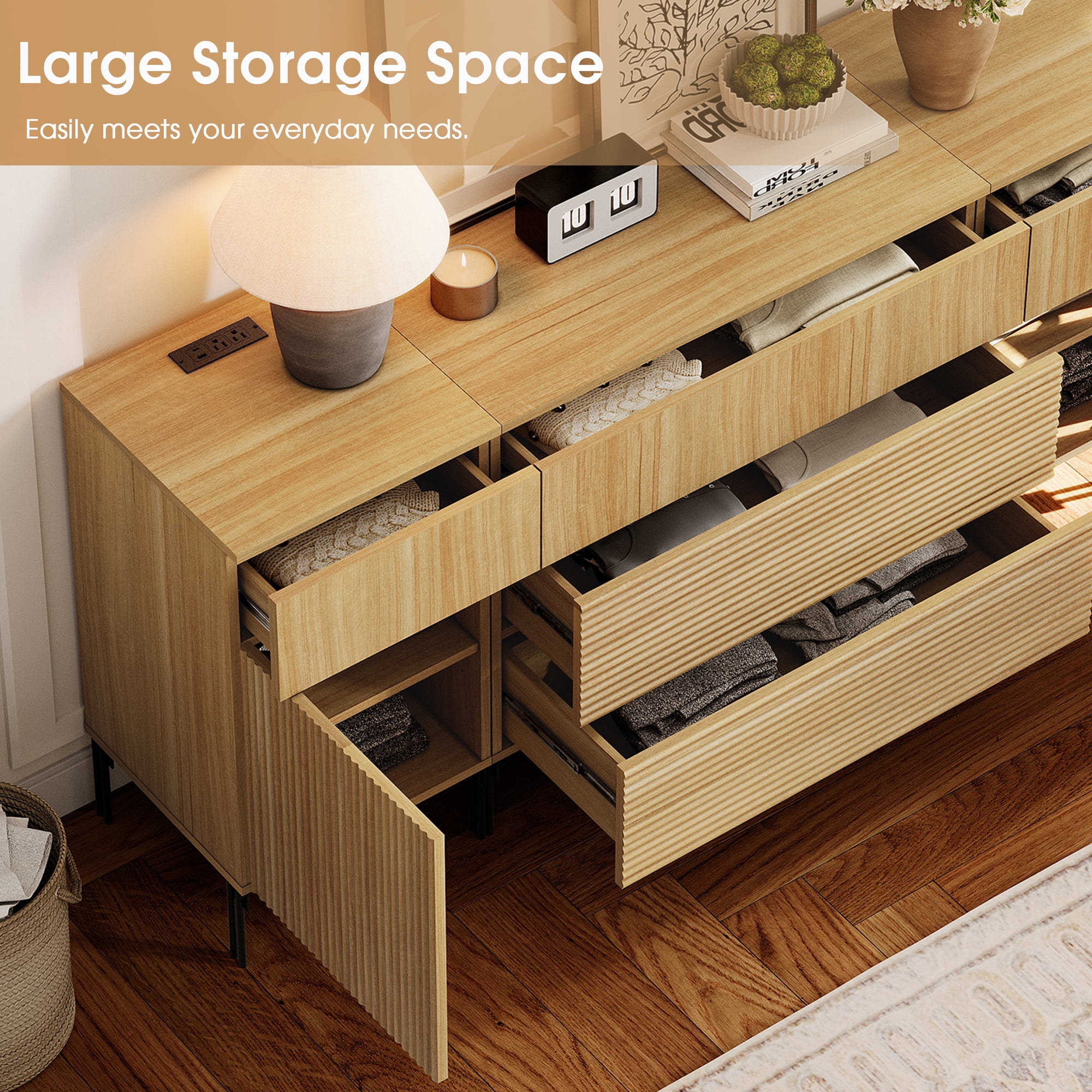 WAMPAT 94.5" 4-in-1 Fluted Dresser for Bedroom with Charging Station, Modern Wooden Chest of Drawers with Hidden Handles & 8 Drawers, Extra Long Dresser TV Stand Closet Storage Organizer, Oak