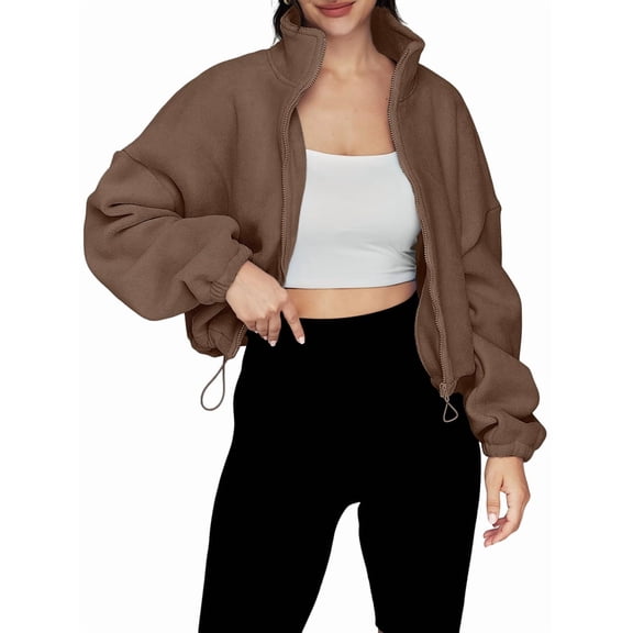 Womens Fleece Jackets Zip Up Oversized Sweatshirts Winter Clothes Long Sleeve Crop Fall Outfits Caramel Color L