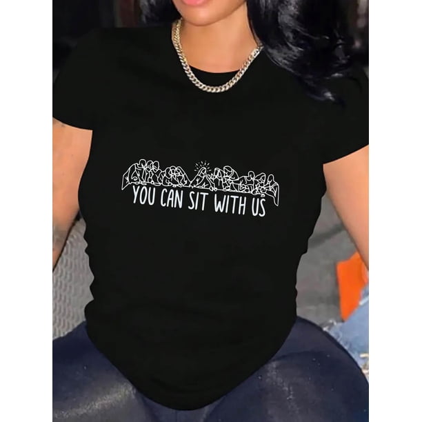 You Can Sit with Us" Graphic Tee for Women - Casual & Sporty Round Neck Short Sleeve, Comfortable Summer Top in Black with Inspirational Print, Polyester-Spandex Blend, Machine Washable, Casual Attir