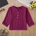 thumbnail image 2 of uikmnh Cute Tops for Teens Linen V-Neck Blouse for Girls 3/4 Sleeve Loose Fit Button Down Tee Solid Color Summer Holiday Casual Top Size:4-5 Years, 2 of 7