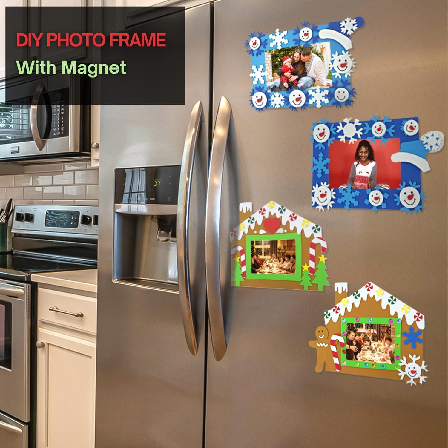 4E's Novelty Foam Gingerbread House Picture Frame Craft (12 Pack) – DIY Self Adhesive Christmas Photo Magnet Craft Kits for Kids Ages 3+ Bulk
