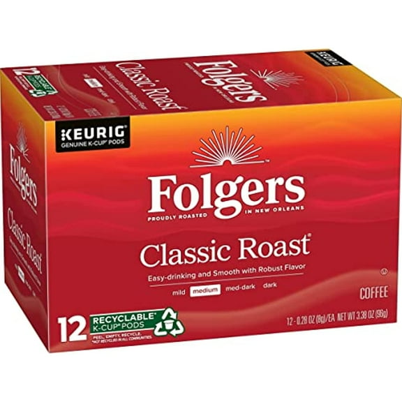 Folgers Classic Roast Medium Roast Coffee, 12 Keurig K-Cup Pods