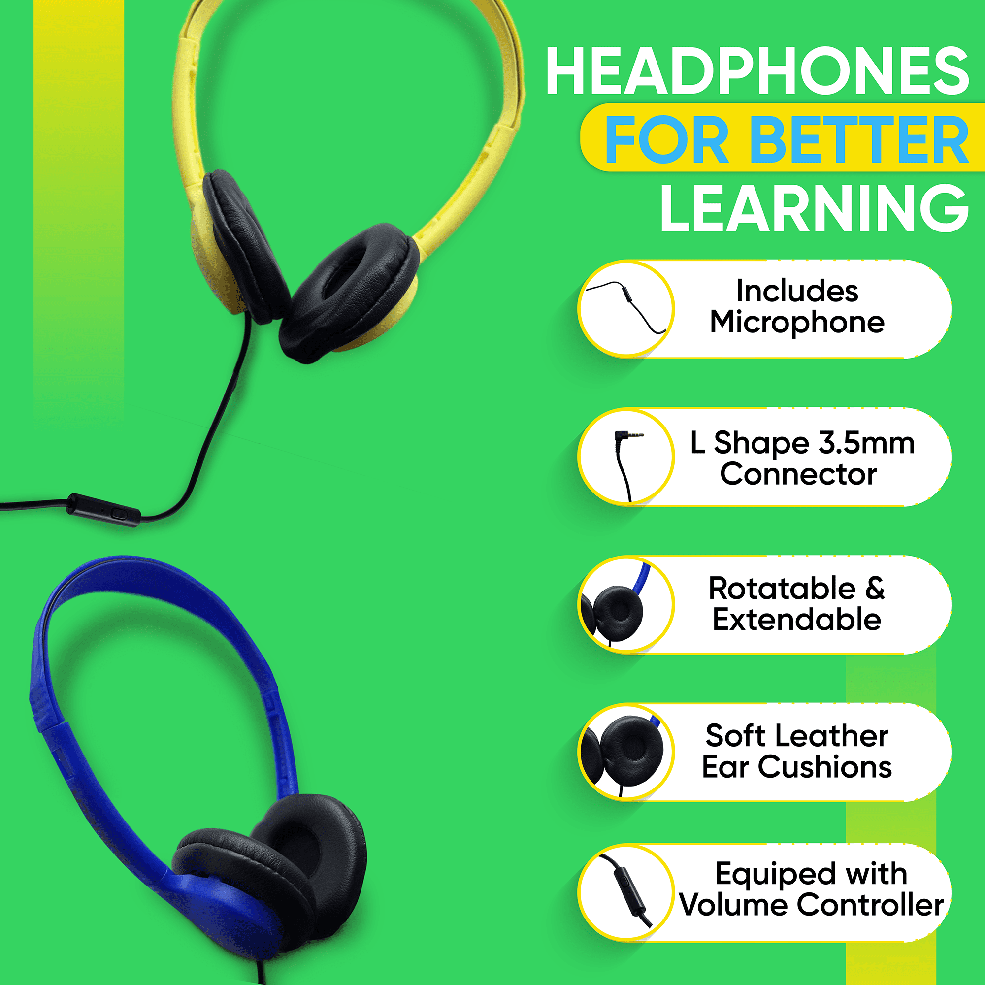 Bulktech Wired On-Ear Leather Headphones with Microphone and 3.5mm Connector, Bulk Wholesale, 10 Pack, Assorted Colors