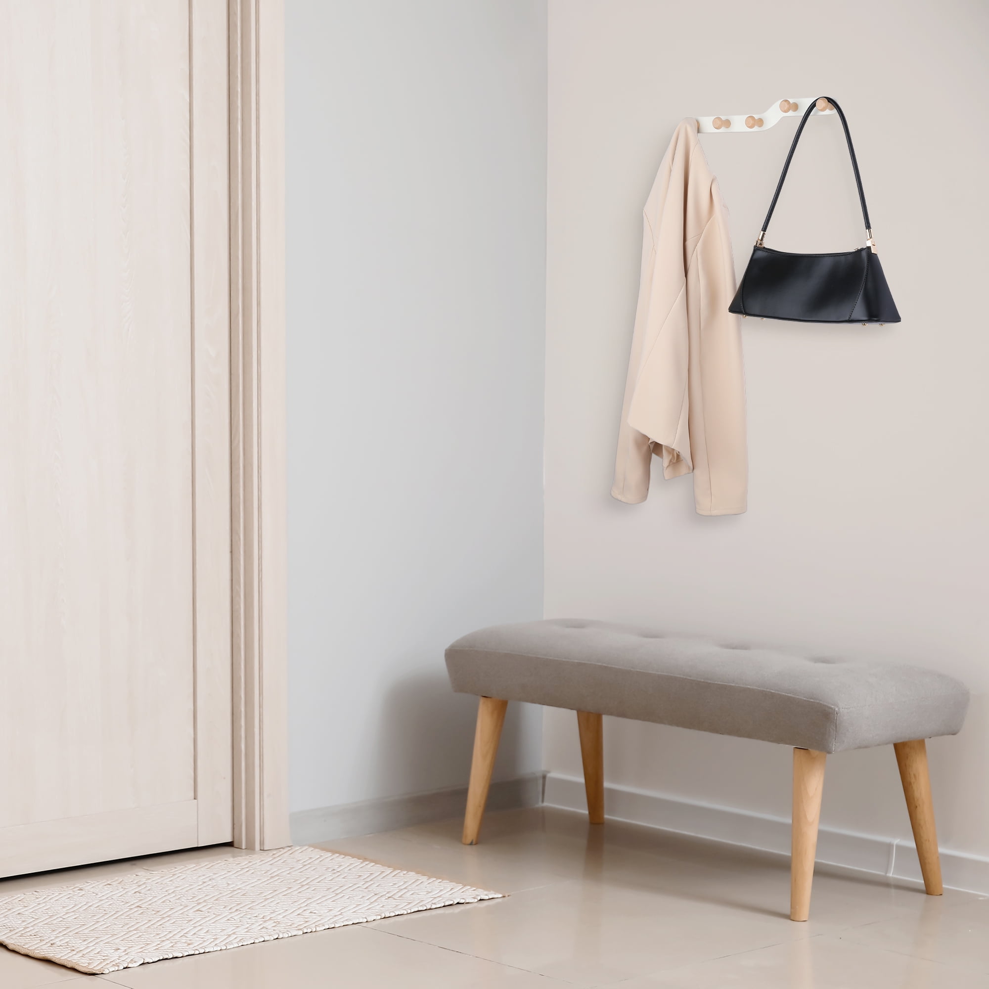 Unique Bargains Coat Rack Wall Mount Metal Wood Coat Hook for Hanging with 5 Hooks White