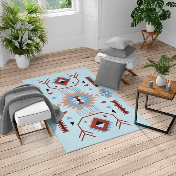 Southwestern Turkish Area Rug, Ethnic Illustration of a Zigzags Design Triangular Iconic Art Motifs, Soft Carpet for Living Room Decor with Distressed Look, 6.6' X 9.6', Pale Blue, by Ambesonne
