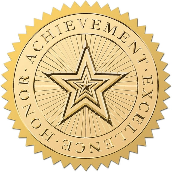 2" Excellence Achievement Stickers Gold Certificate Seals Self-Adhesive Star Seal Round Embossing Awards Medal Sticker Serrated Edge 100Pcs Material Gold Foil