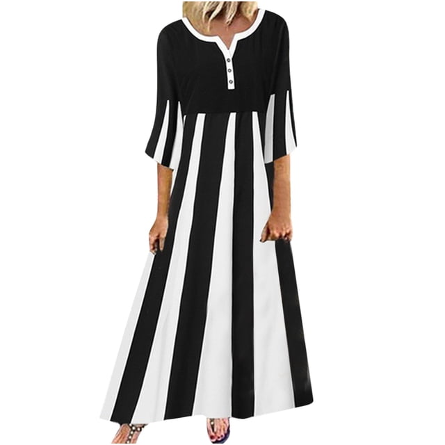 EQWLJWE Robes d'Été pour Femmes 2023 Mode d'Été Décontractée à Rayures Manches Mi-Longues Robe Midi Ample