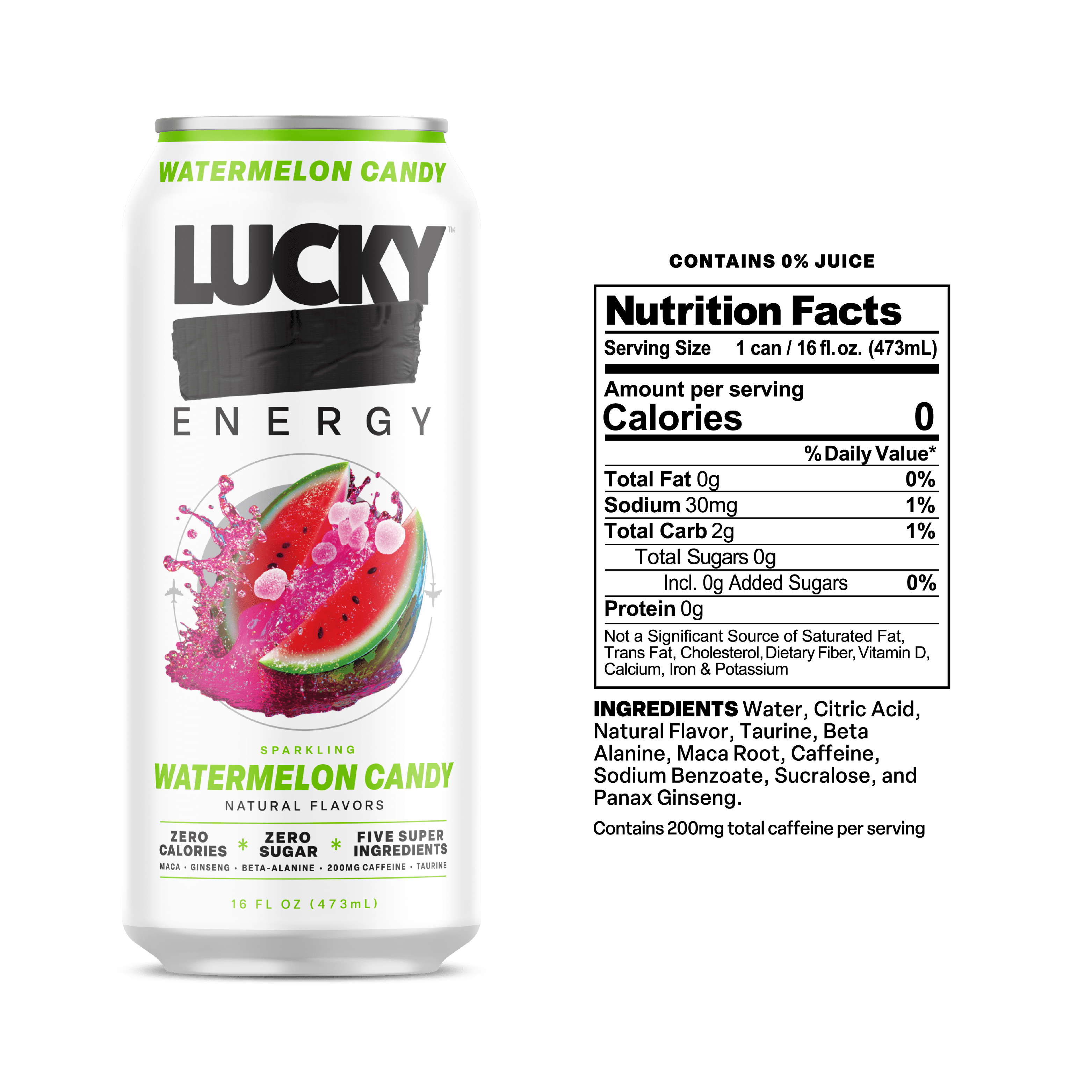 Lucky Energy Sugar Free Energy Drinks 16 fl oz Can, Watermelon Candy with Maca, Ginseng, Taurine, Beta-Alanine, 200mg Caffeine, Zero Calories