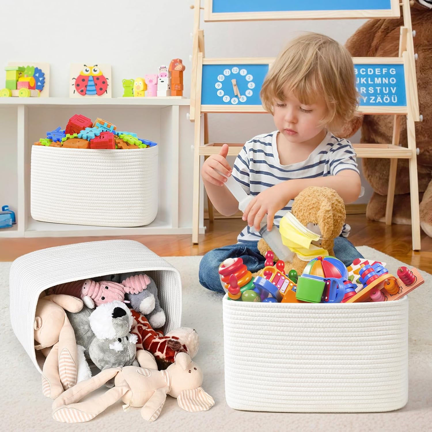 Natubeau 3 Pack Cotton Rope Woven Storage Baskets for Shelves, Foldable Organizer Bins for Toys Towels Books, White Nursery Storage Basket Shelf Organizer