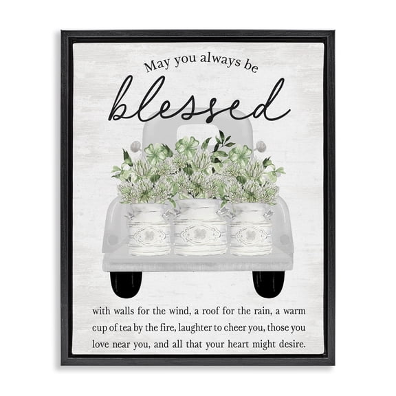Stupell Industries Inspiring Blessed Phrase Botanical & Floral Painting Black Floater Framed Canvas Art Print Wall Art, 17 x 21